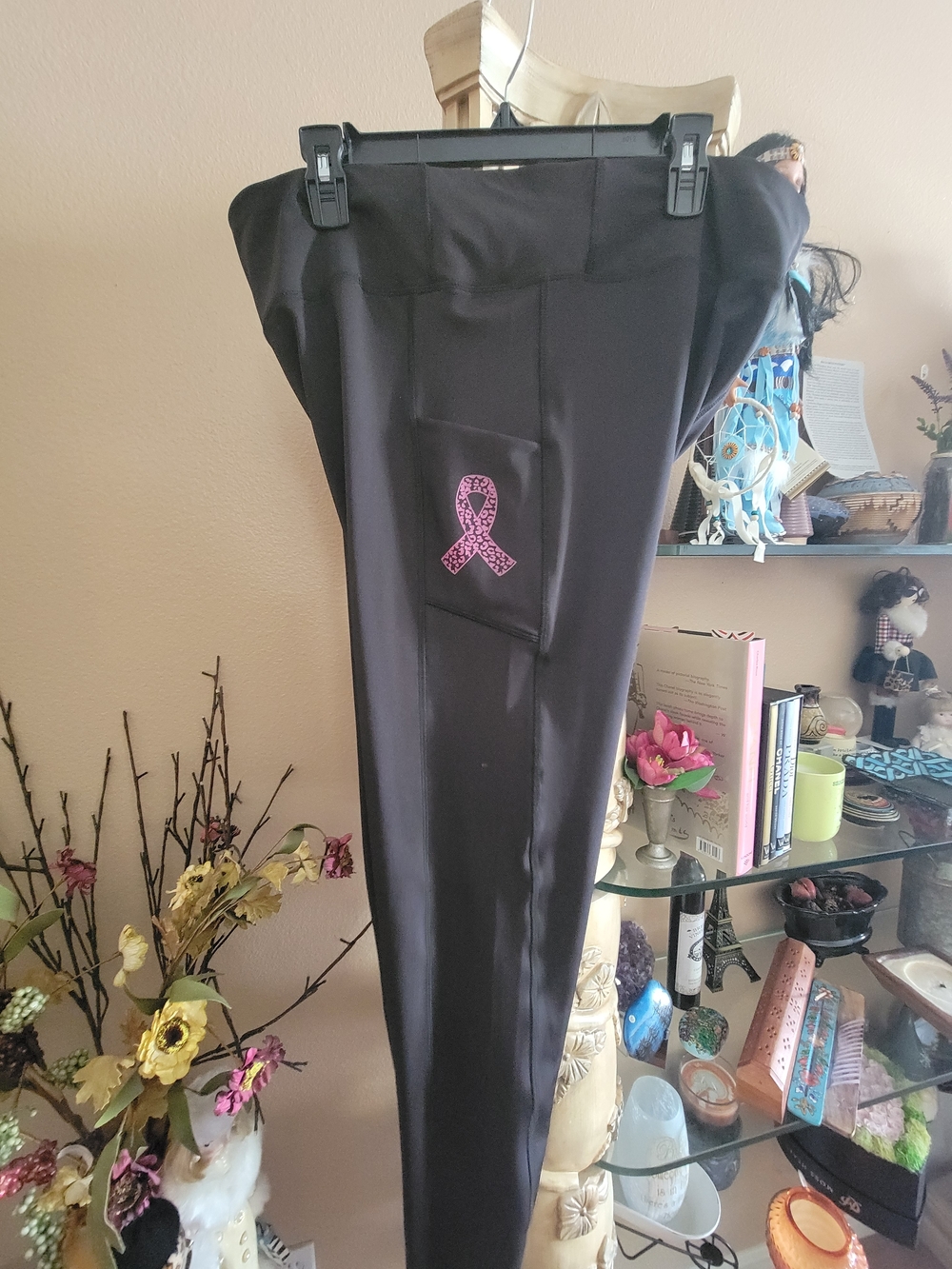 Black Leggings with Pink Ribbon Patch With PINK HOPE RIBBON DESIGN